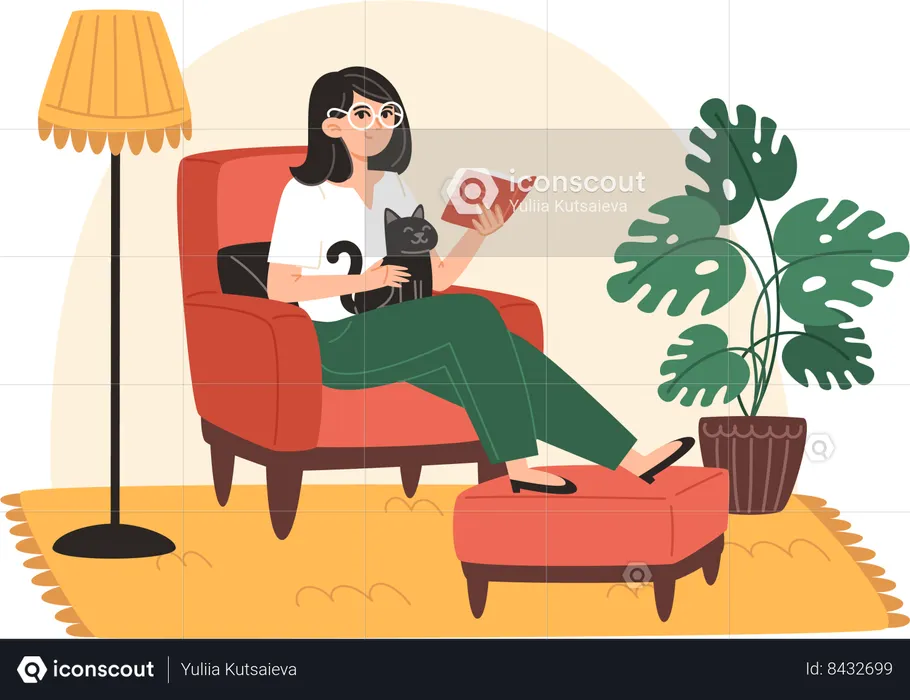 Young woman sitting on armchair with cat and reading book at home  Illustration