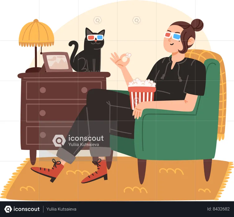 Young woman sitting on cozy armchair and and watching a movie at home  Illustration