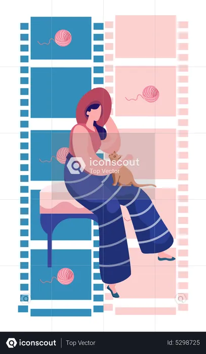 Young woman sitting on sofa with petting her cat  Illustration
