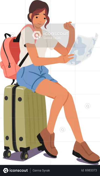 Young Woman Sitting On Suitcase Holding Map  Illustration