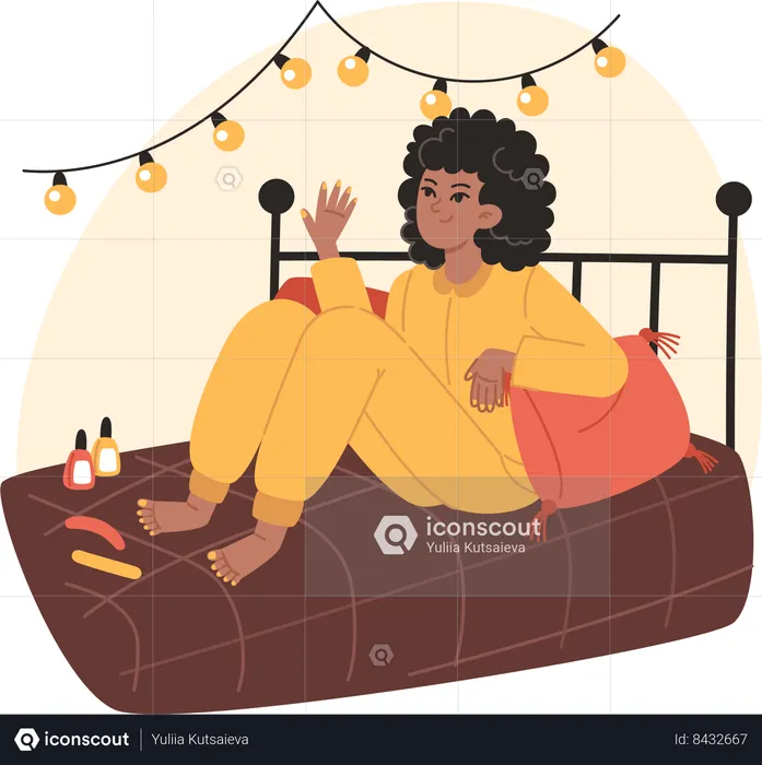 Young woman sitting on the bed and painting her nails  Illustration
