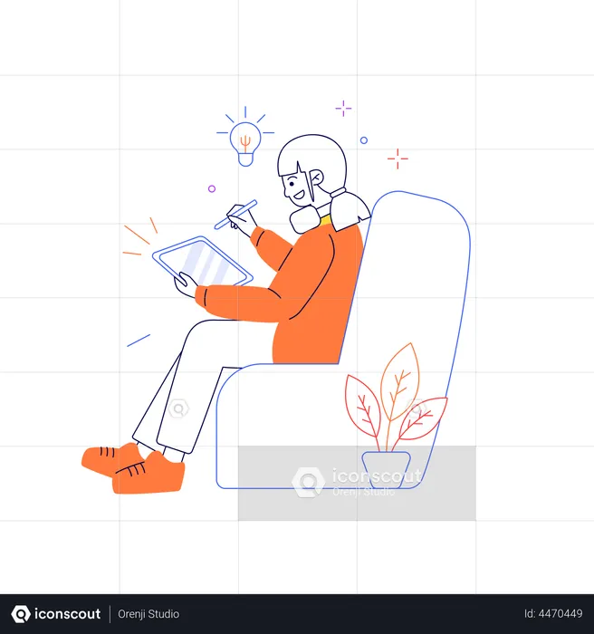 Young woman sitting with iPad having great idea  Illustration