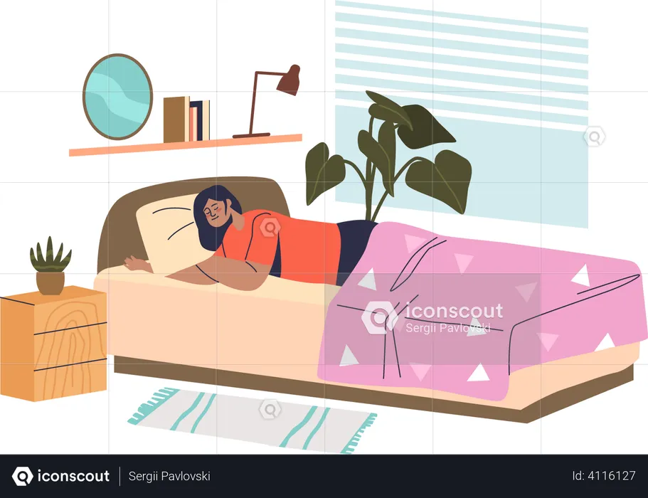 Young woman sleep in bed in bedroom tired deep dreaming at night  Illustration