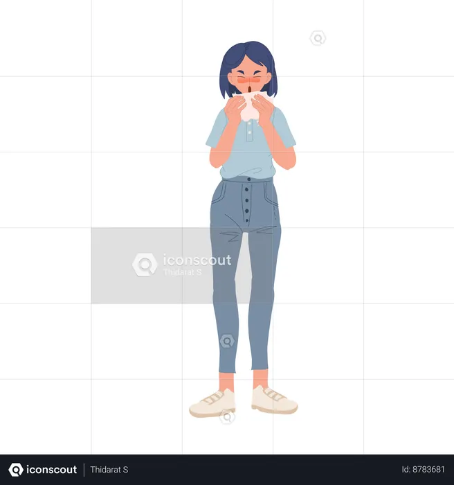 Young Woman Sneezing With Tissue Paper  Illustration