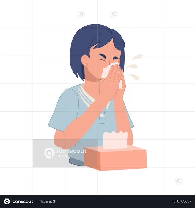 Young Woman Sneezing With Tissue Paper Box  Illustration