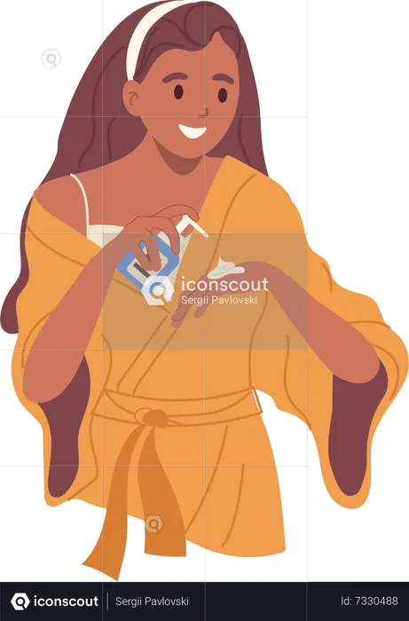 Young woman squeezing hand cream from bottle with dispenser for moisturizing skin  Illustration