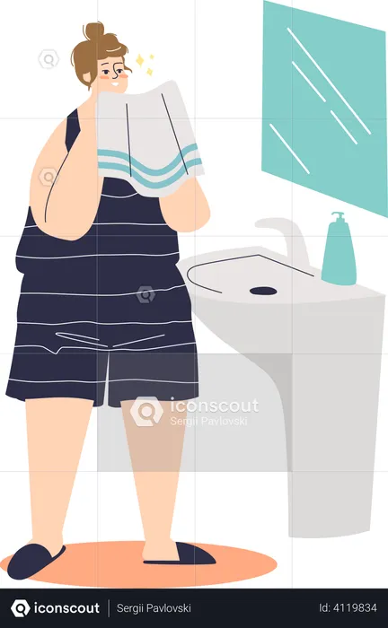 Young woman standing in front of mirror with towel after cleansing skin  Illustration