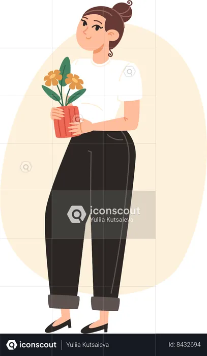 Young woman standing with flower pot in hand  Illustration