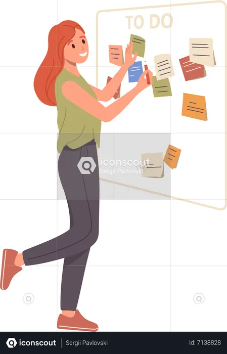 Young woman sticking adhesive note  Illustration
