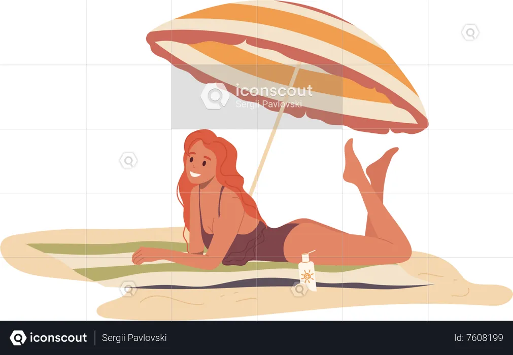 Young woman sunbathing under umbrella sunshade relaxing on summer tropical beach  Illustration