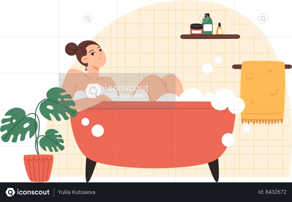 Young woman taking a bath with foam  Illustration