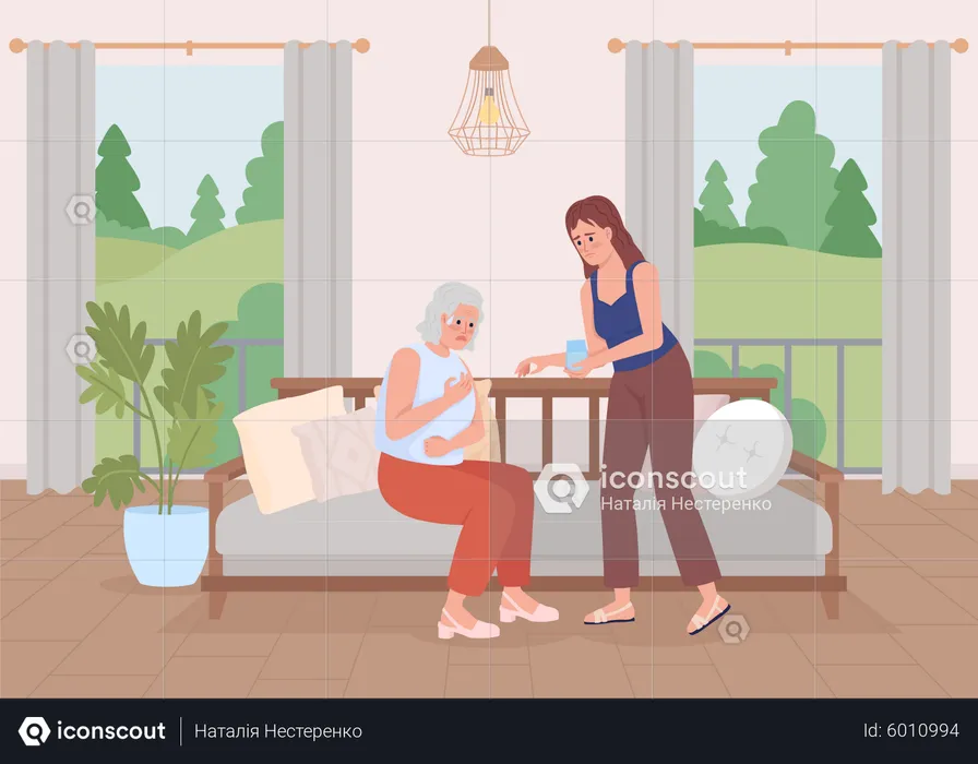 Young woman taking care of grandmother  Illustration