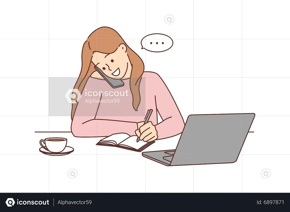 Young woman talking on mobile and write notes  Illustration