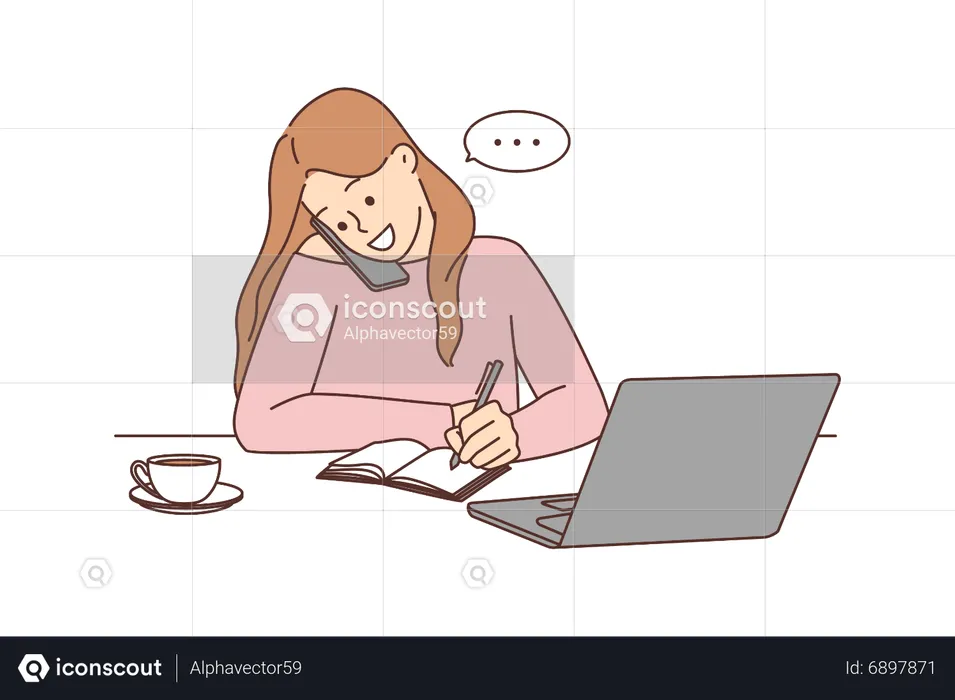 Young woman talking on mobile and write notes  Illustration