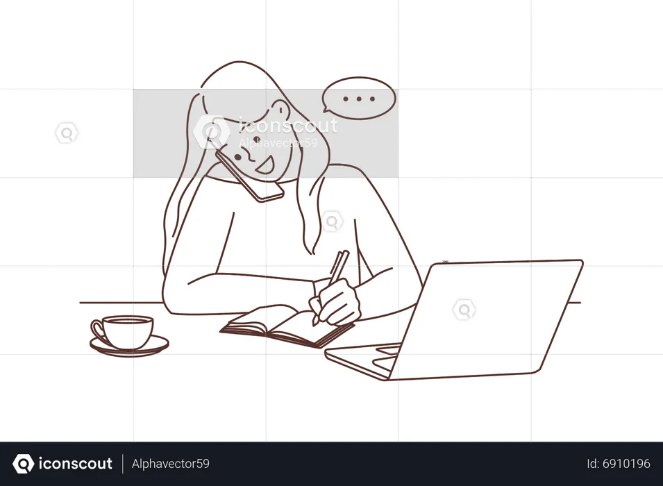 Young woman talking on mobile and write notes  Illustration