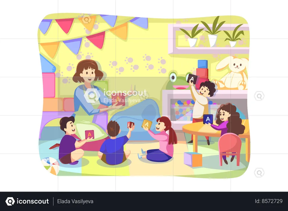 Young woman teacher playing letter cubes with happy preschoolers kids together in playroom  Illustration