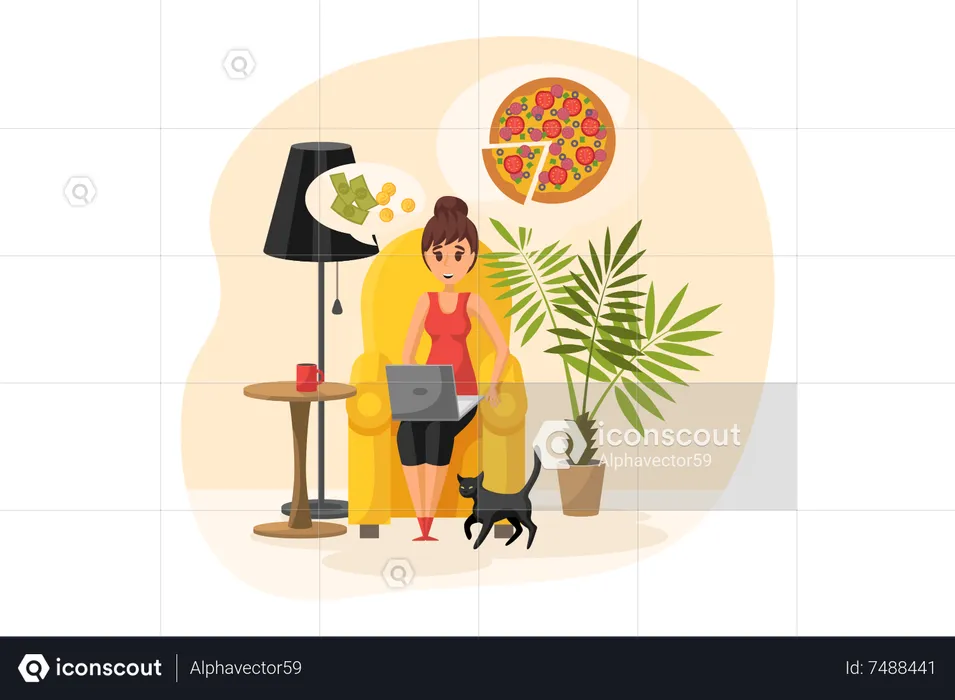 Young woman thinking about ordering pizza online  Illustration