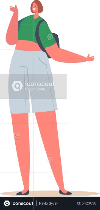 Young Woman Tourist With Backpack  Illustration