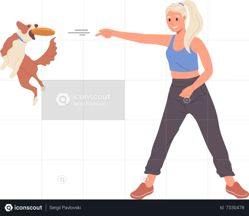 Young woman training dog playing with frisbee plate learning fetch bring command  Illustration
