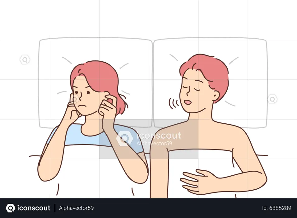 Young woman unable to sleep due to husband snoring  Illustration