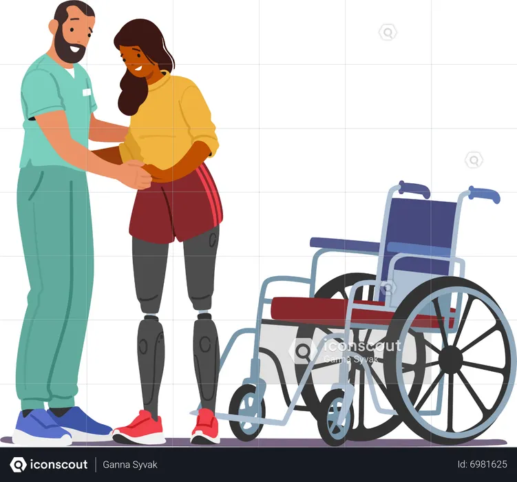Young woman undergo rehabilitation after receiving prosthetic legs  Illustration