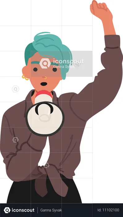젊은 여성이 메가폰을 사용하여 의사 소통하거나 항의하다  일러스트레이션