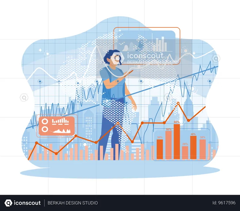 Young woman using stock market trading chart chart on screen  Illustration