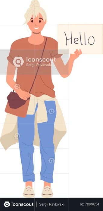 Young woman waiting for someone meeting guests holding hello banner in hand  Illustration