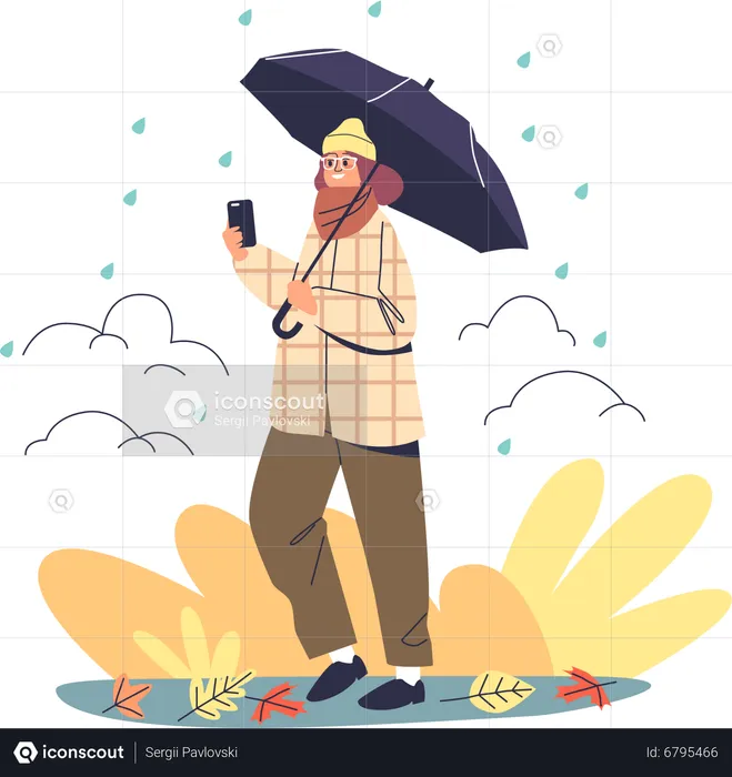 Young woman walk in autumn park under umbrella enjoy rainy weather  Illustration