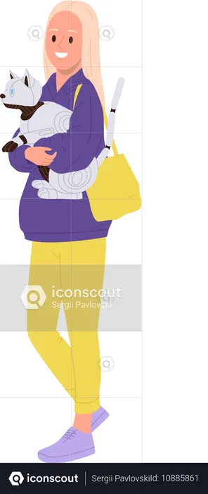 Young woman walking carrying robotic cat on hands  Illustration