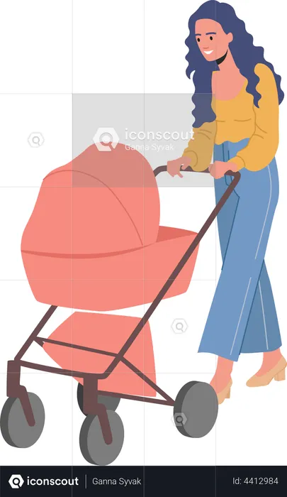 Young Woman Walking with Carriage  Illustration