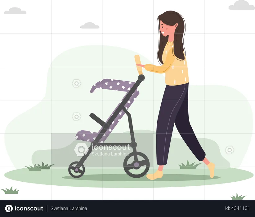 Young woman walking with her newborn child in pram  Illustration