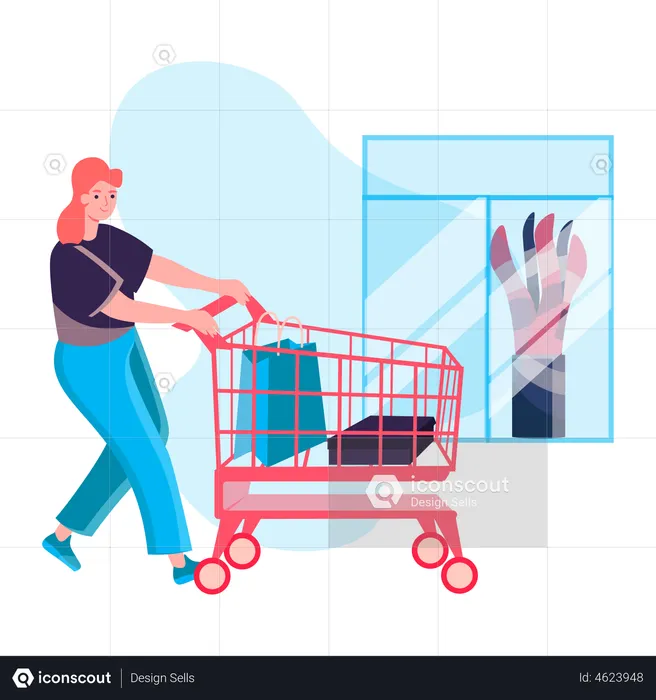 Young woman walking with shopping trolley in mall  Illustration