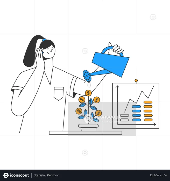 Young woman watering money plant  Illustration