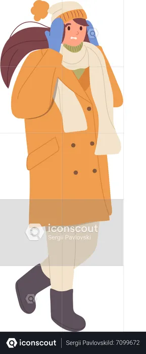 Young woman wearing coat, hat, mittens and scarf shivering feeling cold  Illustration