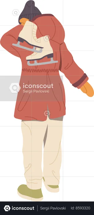 Young woman wearing warm clothes holding pair of ice racing skates  Illustration
