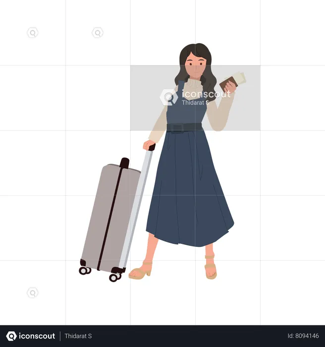 Young Woman with bag and passport  Illustration