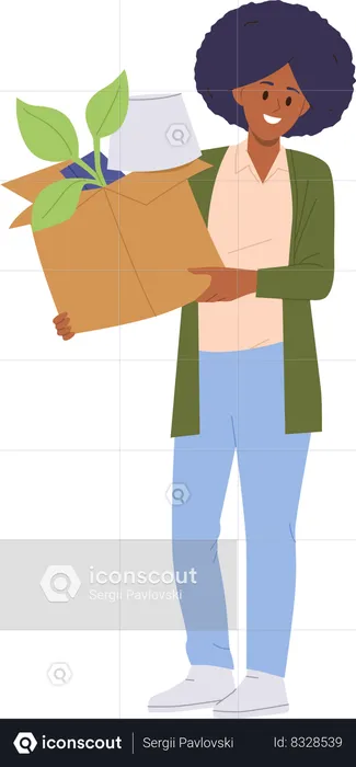 Young woman with box feeling happy and smiling to move another place of location  Illustration