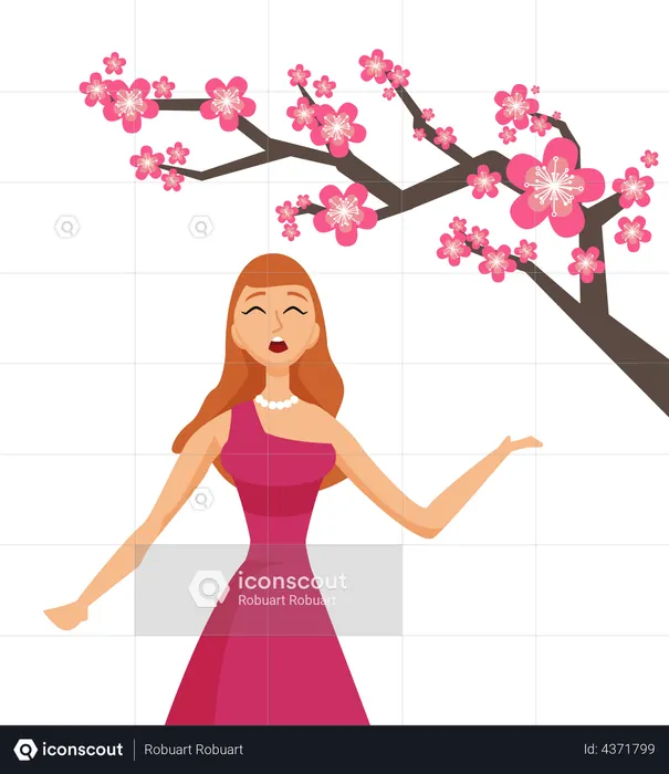 Young woman with cherry sakura flowers  Illustration