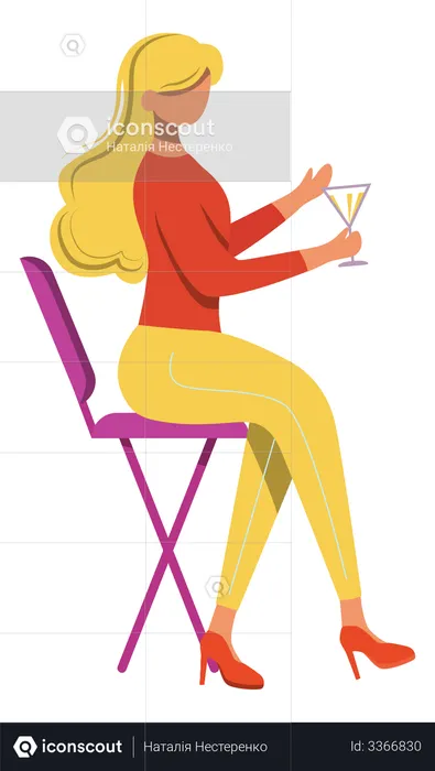 Young woman with cocktail sitting on chair  Illustration