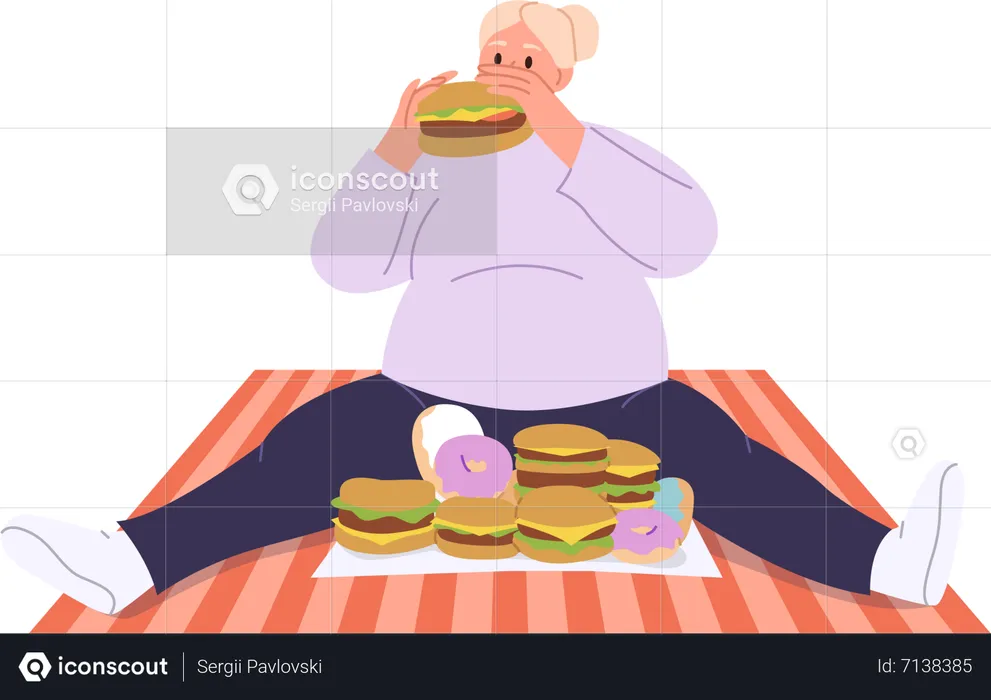 Young woman with fat belly eating burgers  Illustration