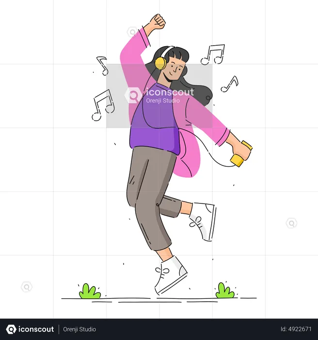 Young Woman with Headphones Listening to Music and Moving with Dancing  Illustration