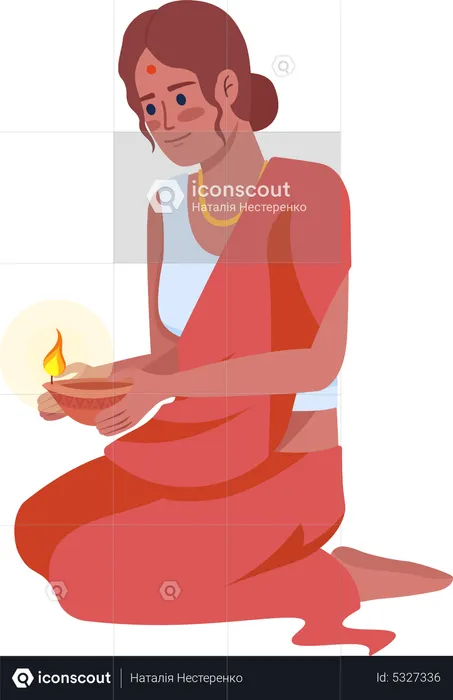 Young woman with oil lamp on Diwali  Illustration