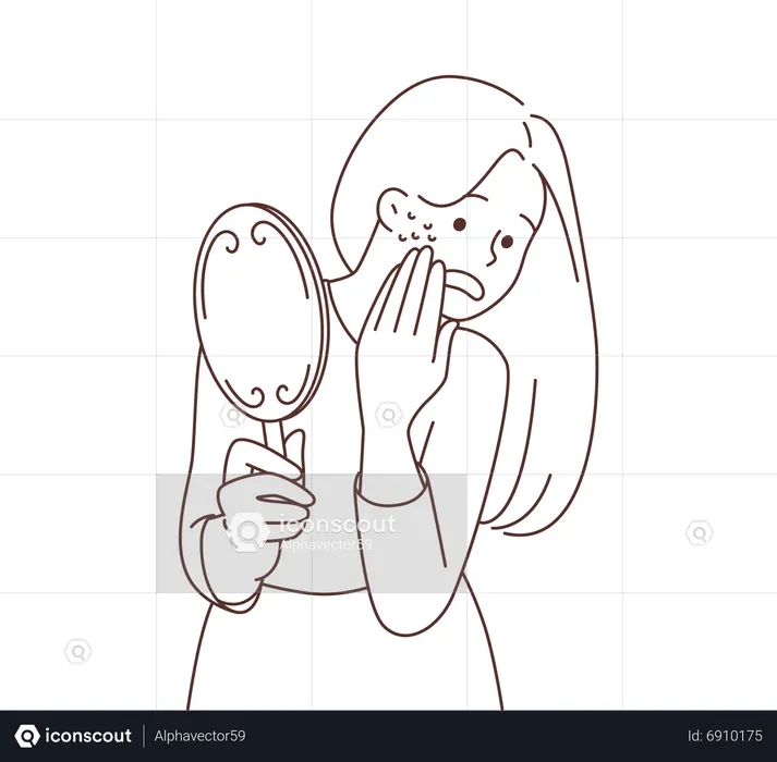 Young woman with pimple seen in mirror  Illustration
