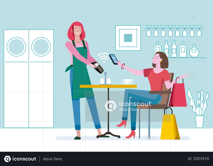Young woman with shopping bags, sitting in a coffee shop paying contactless with mobile phone in cafe  Illustration