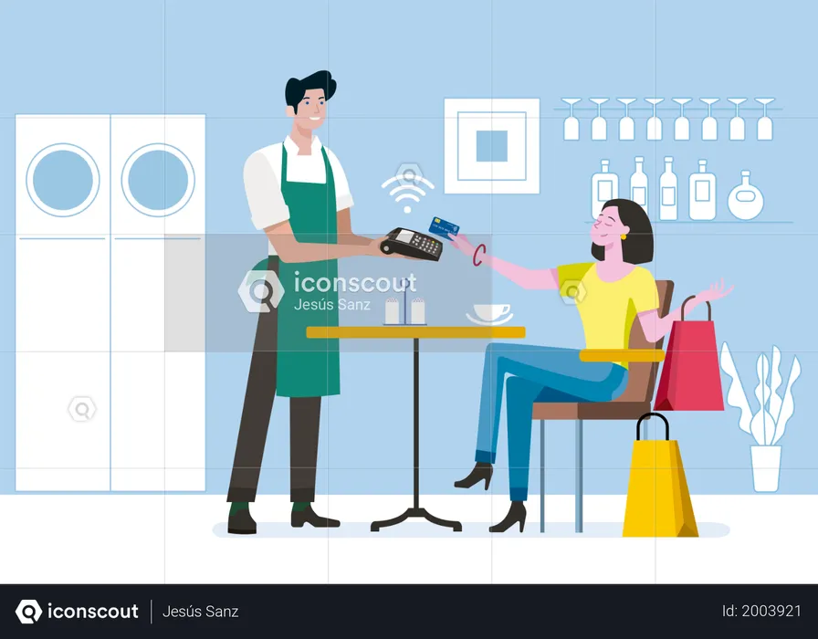 Young woman with shopping bags, sitting in a coffee shop paying contactless with mobile phone in cafe  Illustration