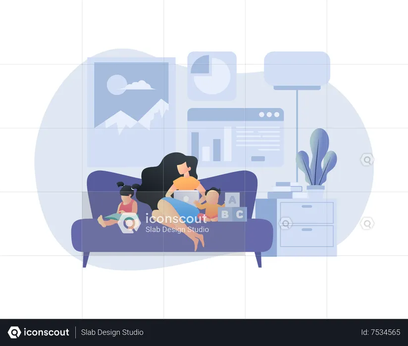 Young woman working at home with child  Illustration