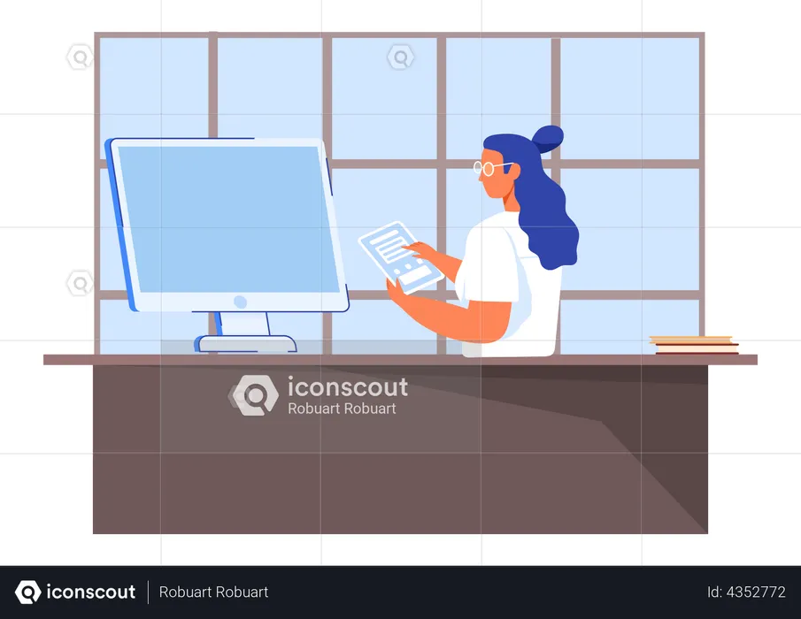 Young woman working on laptop  Illustration