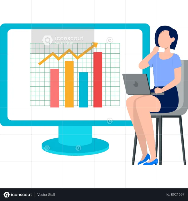 Young woman working on laptop while doing trading analysis  Illustration