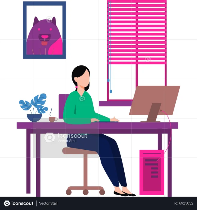 Young woman working on monitor  Illustration